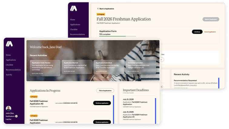 A college application dashboard displays application progress, recent activities, important deadlines, and navigation options on a user interface.